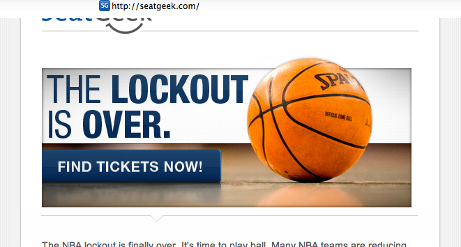 seatgeek email marketing banner, nba lockout over