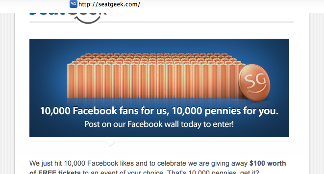seatgeek email marketing banner, 10000 penny giveaway