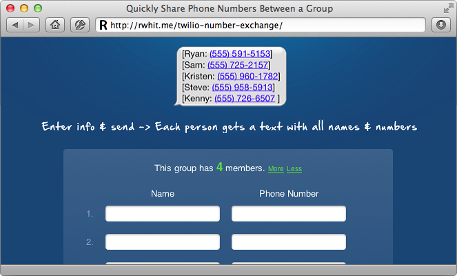 Group phone number exchange app using twilio
